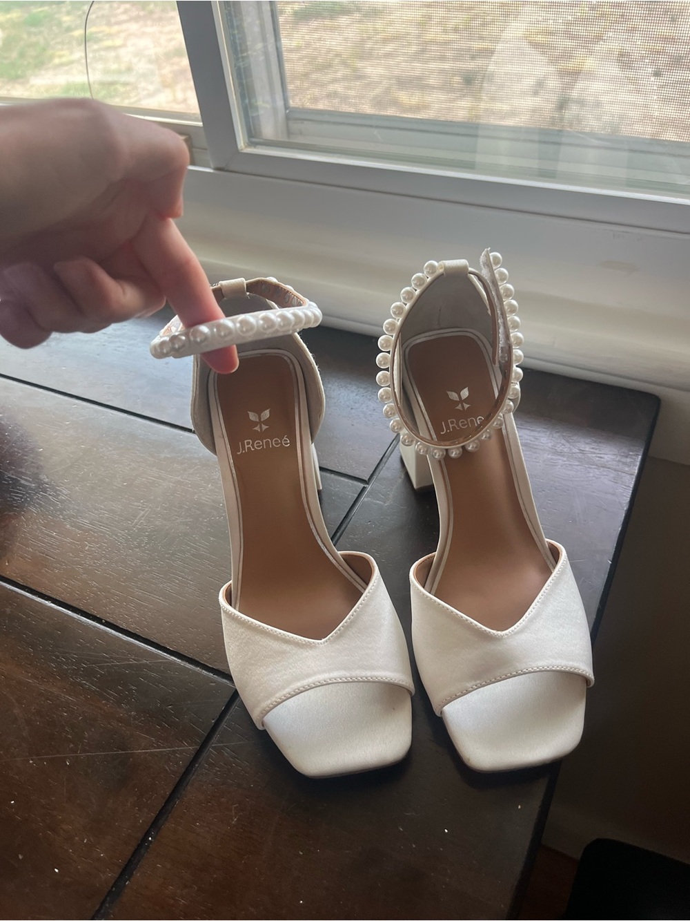 J.Renee Ivory Pearl-Ankle Block Heel Sandals
